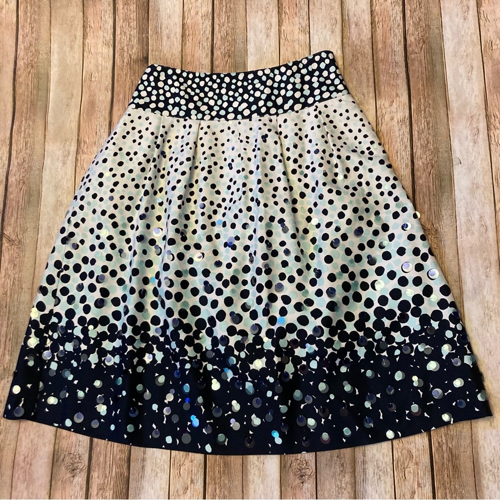 Ellen Tracy Silk Black, White, & Blue A-Line Pleated Lined Sequins Size 8 Skirt